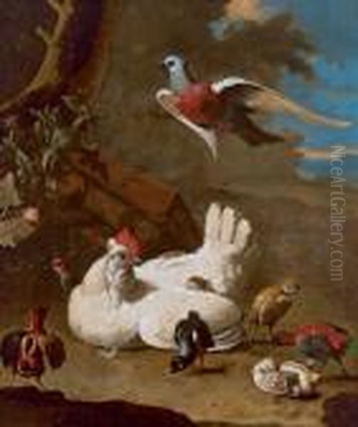 Eine Henne Mit Kuken Und Einer Fliegenden Taube Oil Painting by Melchior de Hondecoeter