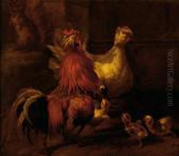 A Rooster, A Hen And Chickswith A Squirrel In The Background Oil Painting by Melchior de Hondecoeter