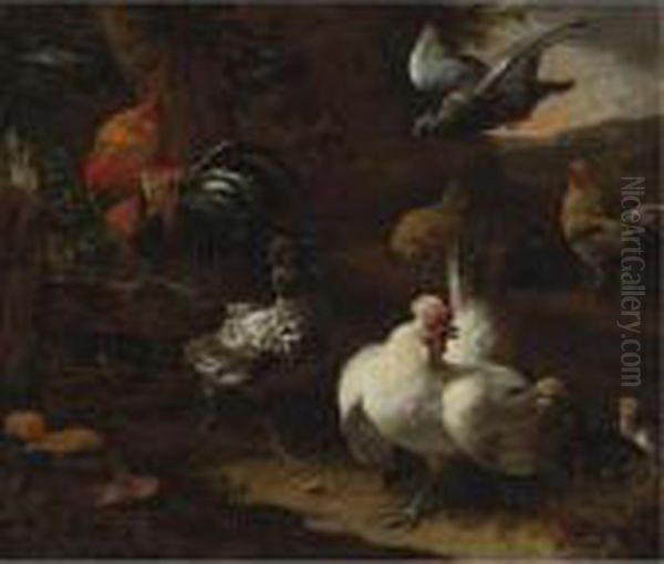 A Farmyard Scene With Poultry, Chicks And A Pigeon, A Wooded Landscape Beyond Oil Painting by Melchior de Hondecoeter