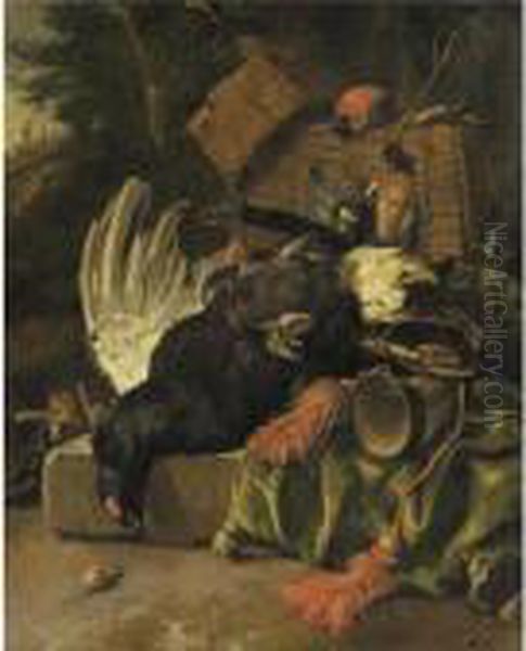 Still Life With Dead Game And Hunting Equipment On A Stone Slab Oil Painting by Melchior de Hondecoeter