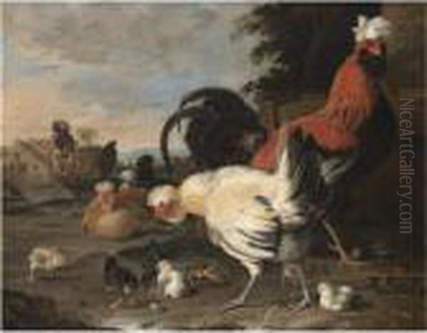 A Farmyard Still Life With Poultry, Hens, Chickens, And A Cockerel In A Farmyard Oil Painting by Melchior de Hondecoeter