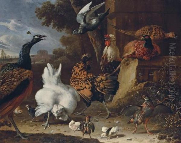 A Cockerel, Hens, Chicks, A 
Partridge, Pheasants, A Peacock And A Pigeon By A Wall In The Park Of A 
Mansion Oil Painting by Melchior de Hondecoeter