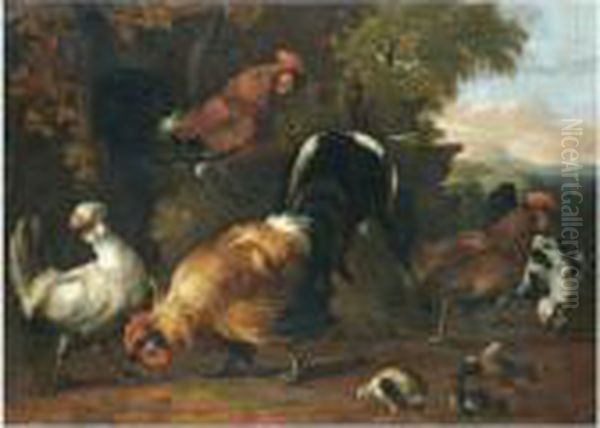 A Farmyard Scene With Hens, Cockerels, Chicks In A Landscape Oil Painting by Melchior de Hondecoeter