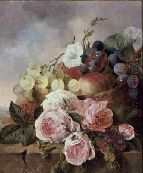 Still life of fruit and roses on a ledge Oil Painting by Edward Ladell