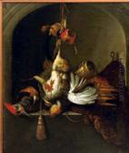 A Partridge And Hawking Equipment In A Stone Niche Oil Painting by Melchior de Hondecoeter