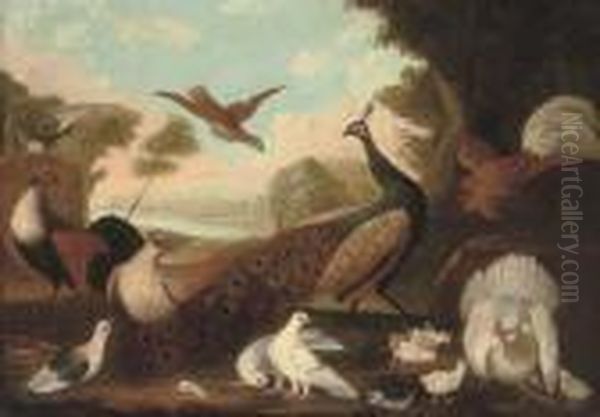 A Peacock, A Cockeral, A Hen And
 Her Chicks, A Grouse And Other Foul In A Wooded River Landscape Oil Painting by Melchior de Hondecoeter