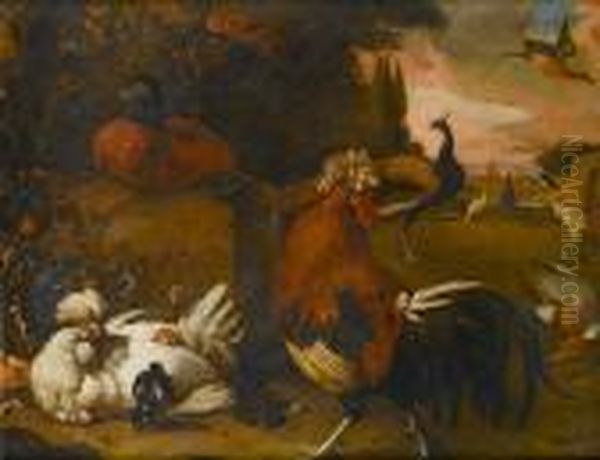 A Hen, A Cockerel, A Peacock, A Pheasant And A Ruddy Shelduck In A Park Landscape Oil Painting by Melchior de Hondecoeter