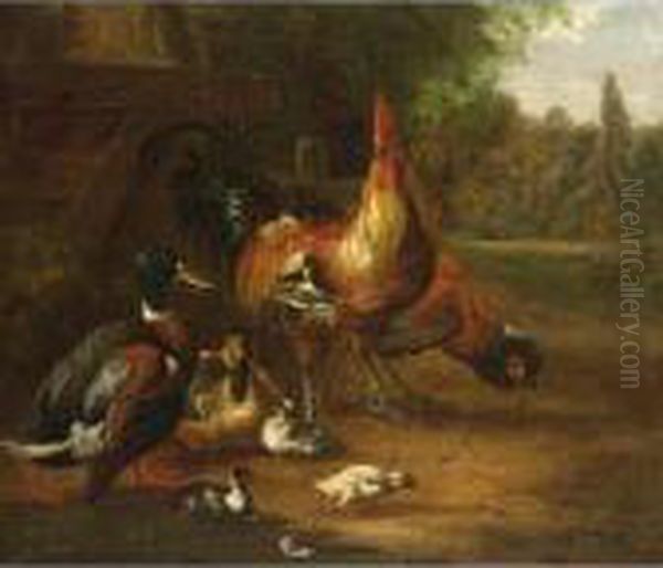 Ducks, A Cockerel And A Chicken In A Landscape Oil Painting by Melchior de Hondecoeter