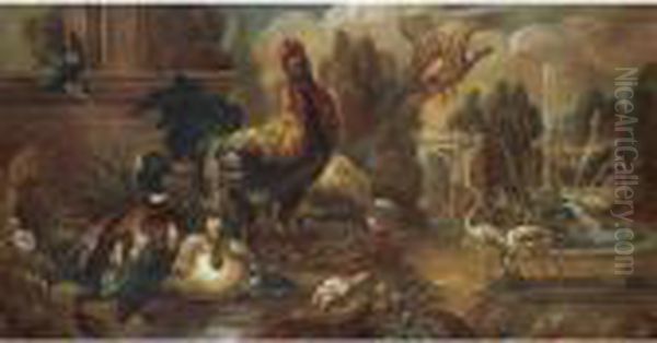 Still Life With A Mallord Drake,
 Chickens, Flammingoes, A Cock Pheasant And A Kingfisher In A Parkland 
Setting Oil Painting by Melchior de Hondecoeter