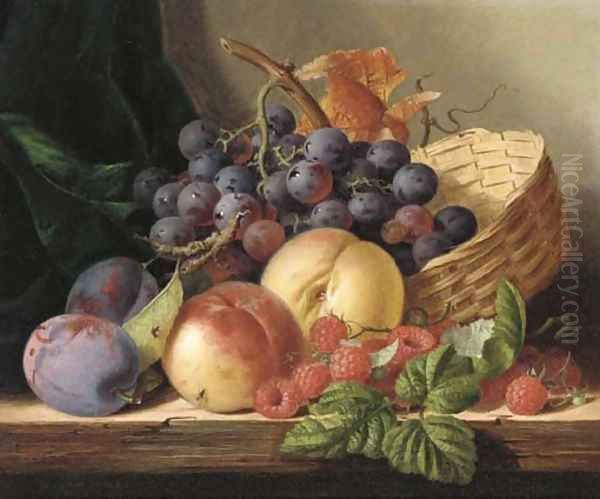 Grapes, peaches, raspberries, and plums with a basket on a wooden shelf Oil Painting by Edward Ladell