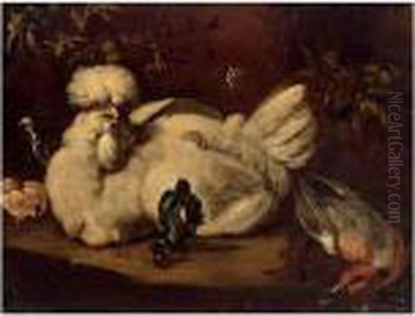 A Hen, Chicks And A Duck In A Landscape Oil Painting by Melchior de Hondecoeter