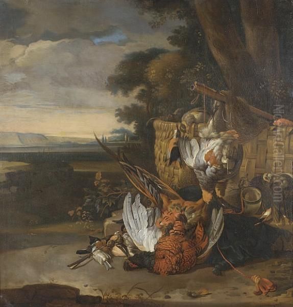 A Hunt Still Life With A Dead 
Pheasant, Grouse, Songbirds, Kingfisher And Other Birds, With A Horn, 
Basket, Net And Musket, Before A Tree, A View To An Extensive Landcsape 
Beyond Oil Painting by Melchior de Hondecoeter