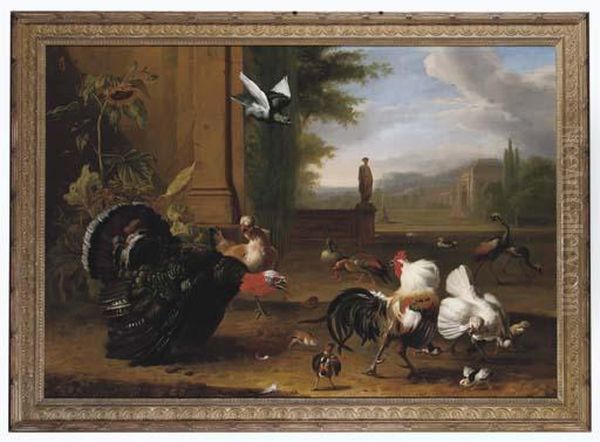 An Italianate Garden Oil Painting by Melchior de Hondecoeter