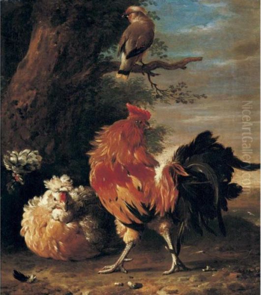 A Cockerel, Two Hens And A Waxwing In A Landscape Oil Painting by Melchior de Hondecoeter