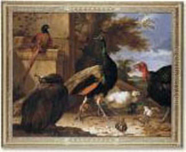 A Peacock, A Pea-hen, A 
Pheasant, A Turkey, A Cockerel And Chicks By A Wall, A Landscape Beyond Oil Painting by Melchior de Hondecoeter