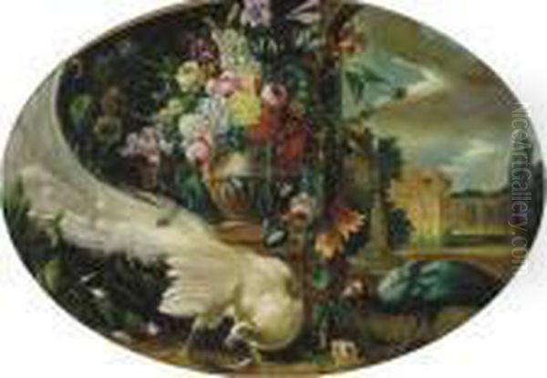 Flowers In An Urn In A Formal Garden With Peacocks Oil Painting by Melchior de Hondecoeter