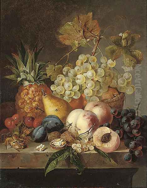 Grapes, peaches, cherries, walnuts, hazelnuts, a pear and a pineapple on a ledge Oil Painting by Edward Ladell