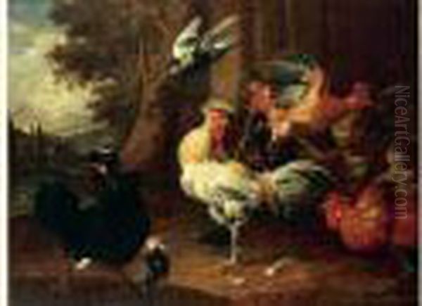 Coq Et Divers Volatiles Sur Fond De Paysage Oil Painting by Melchior de Hondecoeter