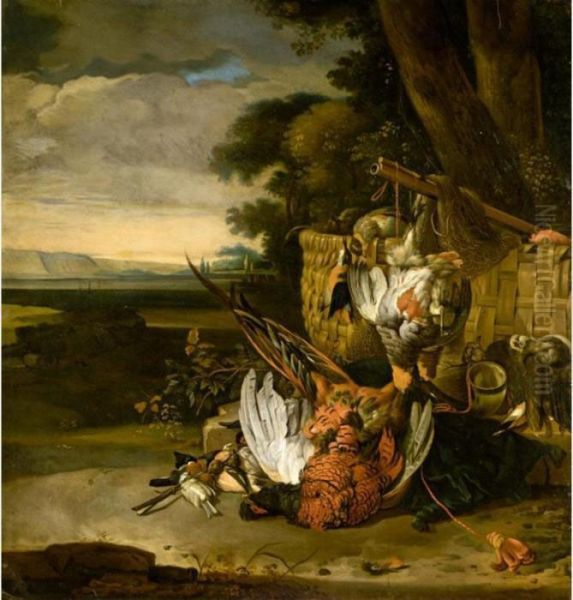 Still Life With A Pheasant, 
Partridges, A Kingfisher, And Songbirds Together With A Basket, A 
Hunting Horn, A Musket, Nets And A Cushion, In A Landscape Oil Painting by Melchior de Hondecoeter