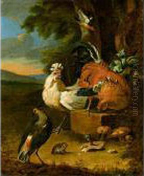 Farmyard Still Life With Chickens And Other Birds Together With A Frog And Mushrooms Oil Painting by Melchior de Hondecoeter