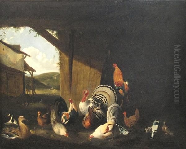 Chickens, Ducks And Other Fowl In A Barn With A Landscape Beyond Oil Painting by Melchior de Hondecoeter