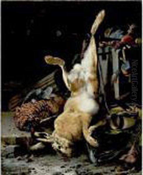 A Game Still Life With A Hung 
Hare, A Pheasant, A Horn, A Musket Barrel And Other Objects In A 
Classical Niche Oil Painting by Melchior de Hondecoeter