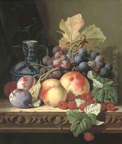 Plums, peaches, raspberries, grapes and a stoneware jug on a carved table Oil Painting by Edward Ladell