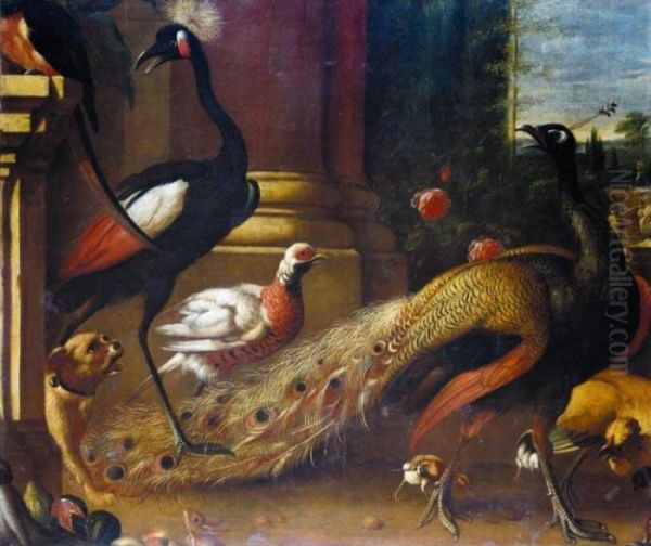 A Peacock And Crane, A Pheasant, A Chicken And Chicks, A Squirrel
 And A Dog In A Park Setting Oil Painting by Melchior de Hondecoeter