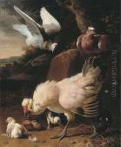 A Chicken, Chicks And Pigeons On A Fence, In A Landscape Oil Painting by Melchior de Hondecoeter