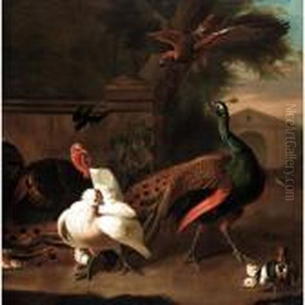 A Peacock With A Turkey, Hen And
 Chicks And A Swallow Startled By A Bird Of Prey In An Ornamental Garden Oil Painting by Melchior de Hondecoeter