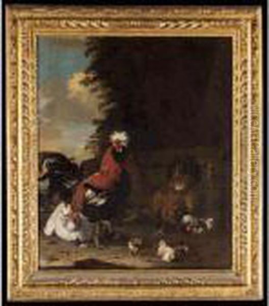 A Farmyard Scene With A Bantam Cockerel, Hens And Chicks Oil Painting by Melchior de Hondecoeter