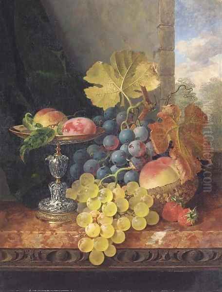 Still life with plums in a silver tazza, a peach, black and white grapes in a basket, and strawberries on a marble ledge Oil Painting by Edward Ladell