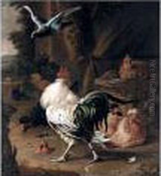 A Farmyard Scene With A Cockerel, Hens, A Pigeon And A Turkey Oil Painting by Melchior de Hondecoeter