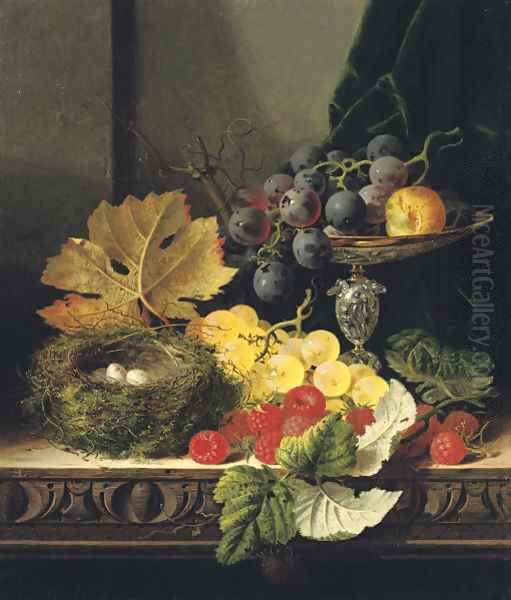 Still life with a bird's nest, black and white grapes, a greengage in a tazza, and some raspberries, on a wooden ledge Oil Painting by Edward Ladell