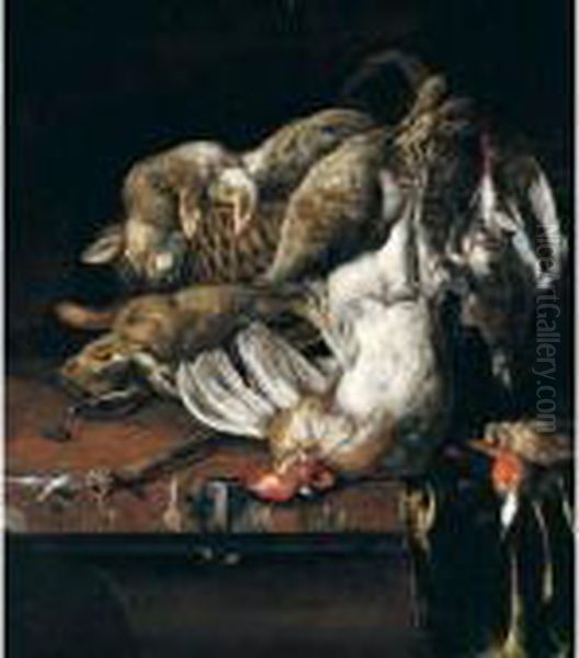 Still Life Of Rabbits On A 
Wicker Basket, A Bantam Cockerel, Partridge, Kingfisher And A Songbird, 
Together With A Knife, Arranged Upon A Marble Table-top Draped With A 
Green Cloth Oil Painting by Melchior de Hondecoeter