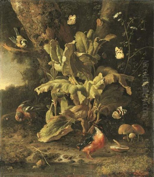 A Forest Floor Still Life With A
 Blue Tit, A Chaffinch, A Kingfisher, A Large Tortoiseshell Butterfly, A
 Painted Lady And A Red Admiral. Oil Painting by Melchior de Hondecoeter