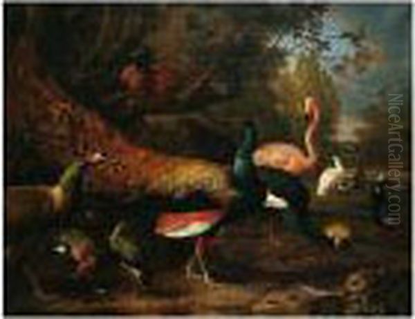 Exotic Fowl, Including A Peacock
 And Peahen, Flamingo, African Crane, Pheasant, Lapwing, Shoveller, 
Pelican And Tufted Duck In A Garden Setting Oil Painting by Melchior de Hondecoeter