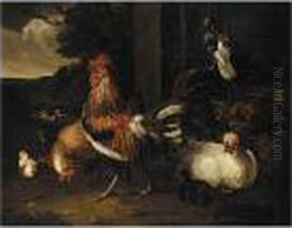 A Cockerel, Hens And Chicks In A Parkland Landscape Oil Painting by Melchior de Hondecoeter