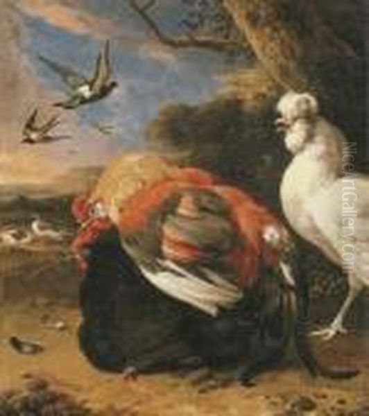 Coupling Chickens In A Landscape Oil Painting by Melchior de Hondecoeter