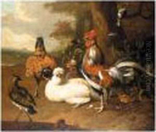 Still Life Of Chickens, A Cockerel, And Other Fowl In A Landscape Oil Painting by Melchior de Hondecoeter