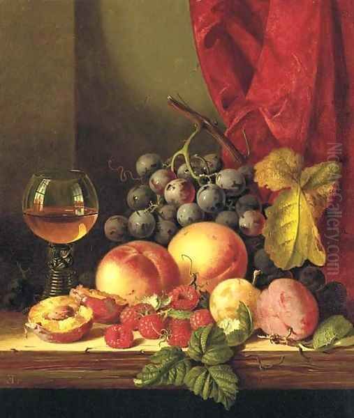 Still life with plums, peaches, black grapes, raspberries, and a roemer Oil Painting by Edward Ladell