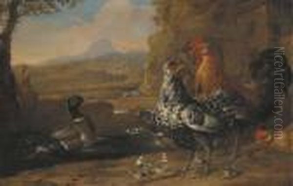 A Turkey, Roosters, Ducks And 
Goslings In A Farmyard, A Greyhoundand An Extensive Mountain Landscape 
Beyond Oil Painting by Melchior de Hondecoeter