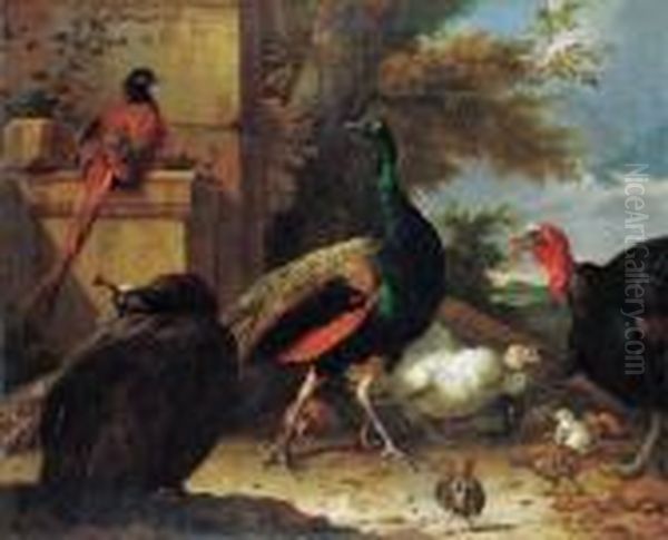 A Peacock, A Peahen, A Pheasant,
 A Turkey, A Cockerel And Chicks Bya Wall, A Landscape Beyond Oil Painting by Melchior de Hondecoeter