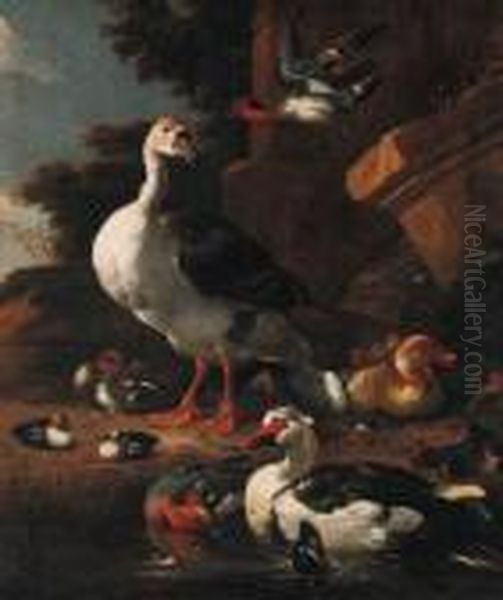 A Chinese Goose, An Egyptian 
Goose, A Muscovy Duck, A Wigeon Andteal With Other Waterfowl By A Pond 
Before A Pillar In A Park Oil Painting by Melchior de Hondecoeter