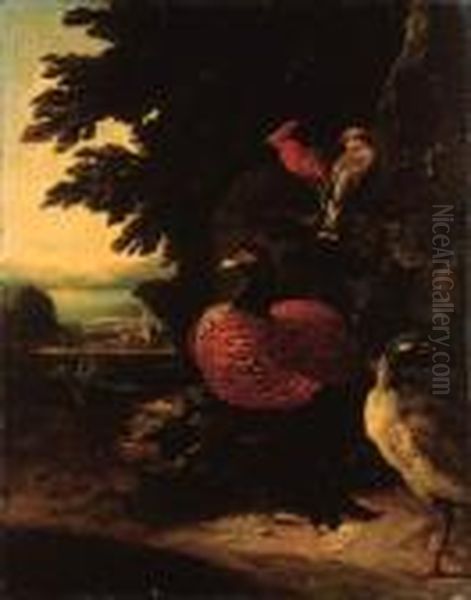 Poultry On A Riverbank By A Cliff, A Landscape Beyond Oil Painting by Melchior de Hondecoeter