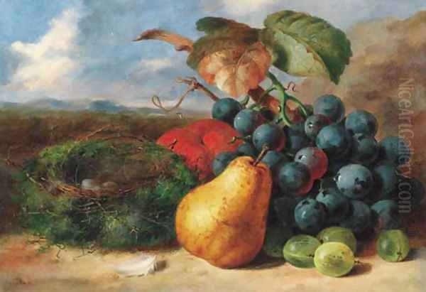 Gooseberries, a pear, a peach, grapes and a bird's nest, on a bank Oil Painting by Edward Ladell