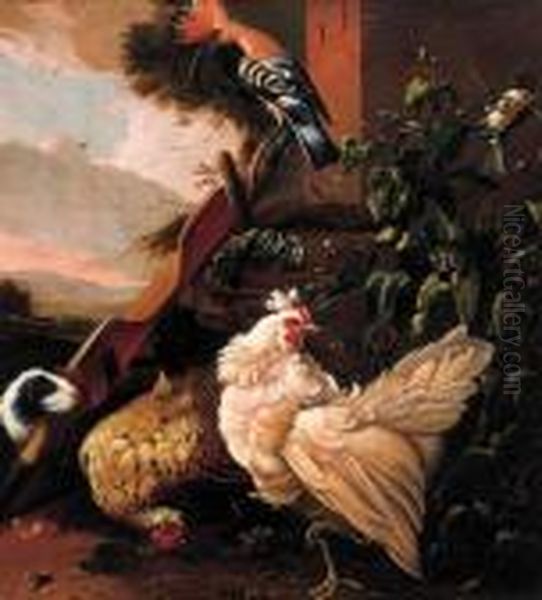 Poultry By A Yoke And A Well On A Farmyard Oil Painting by Melchior de Hondecoeter