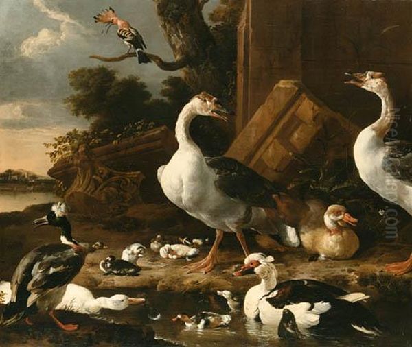 Chinese And Egyptian Geese, 
Muscovy Ducks, A Hoopoe, Barnyard Fowland Other Exotic Birds In A 
Landscape With Classical Ruins Oil Painting by Melchior de Hondecoeter