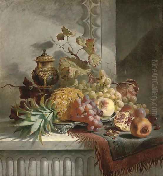 Pineapple, grapes, plums, pomegranate, peaches on a silver tray, on a marble ledge Oil Painting by Edward Ladell