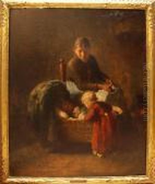 Interior Scene Mother & Children Oil Painting by Bernard Johann De Hoog